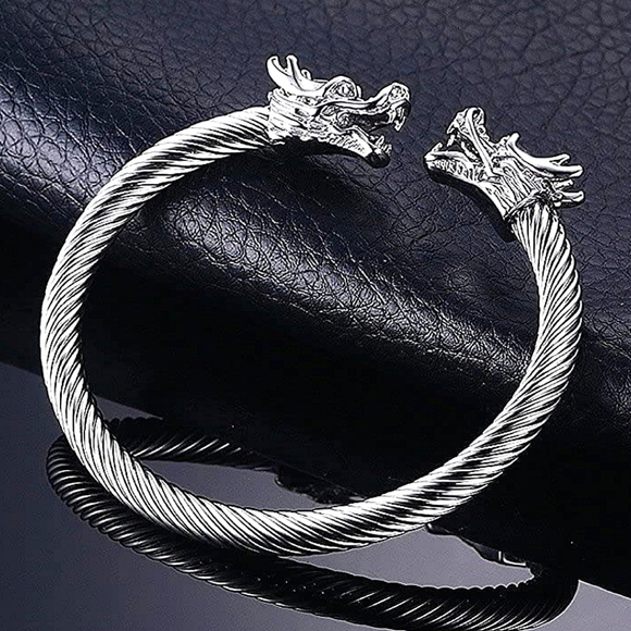 Dragon Viking Sterling Silver Plated Stainless Steel Bangle Cuff Bracelet - Picture 13 of 16